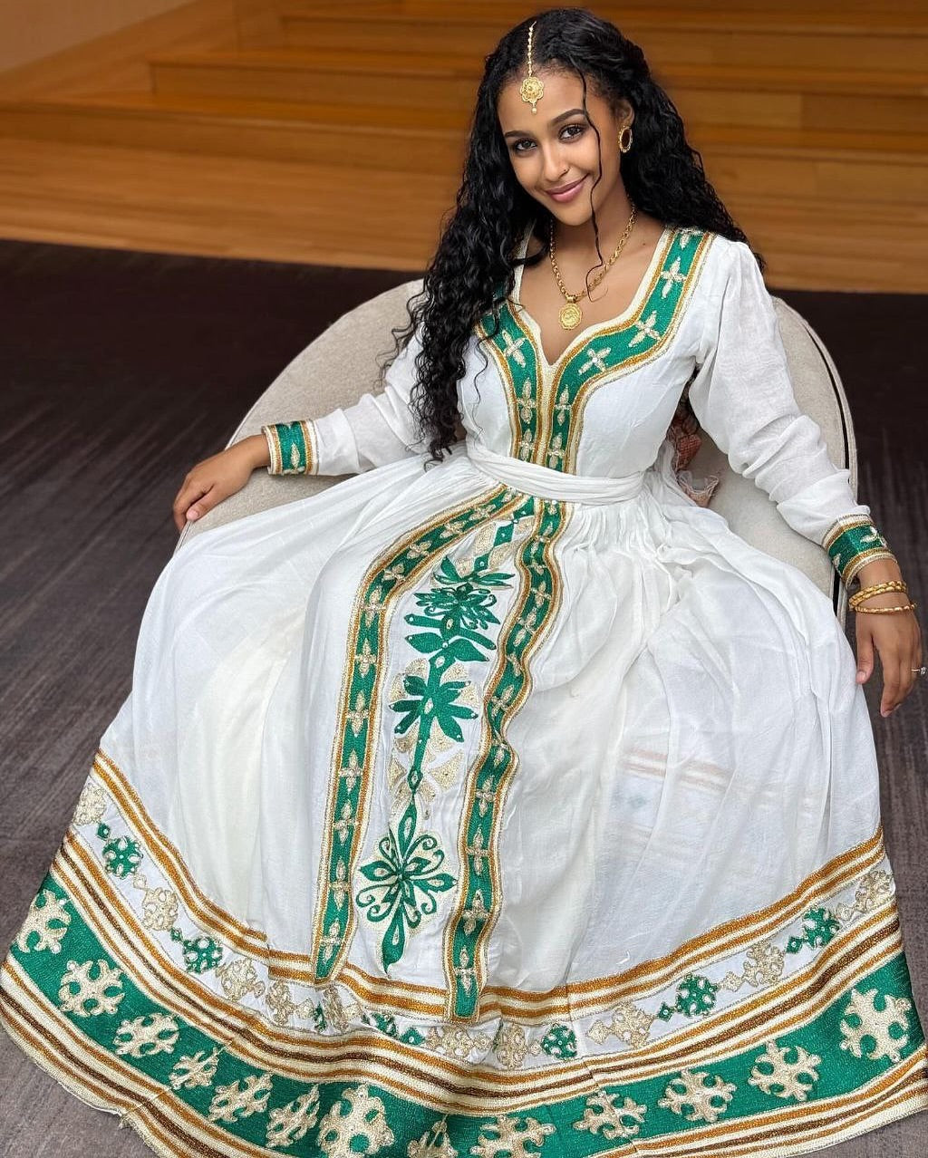 Stylish Habesha Kemis with Green and Gold Embroidery β Eritrean Dress β Eritrean Traditional Clothing
