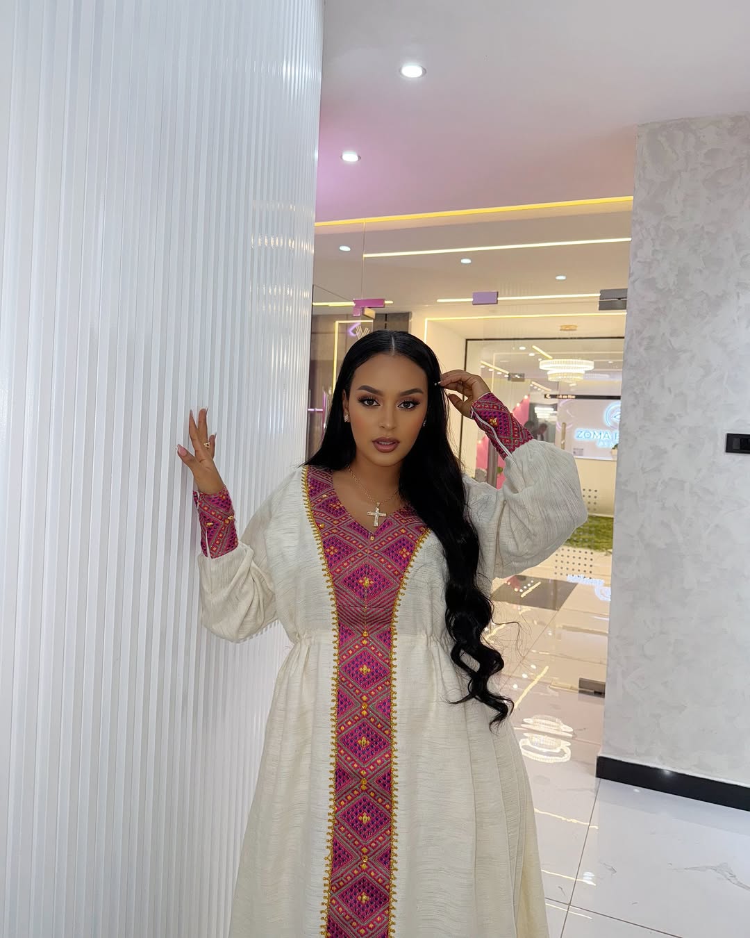 Elegant Habesha Dress with Vibrant Pink and Gold Embroidery β Habesha Kemis β Zuriya