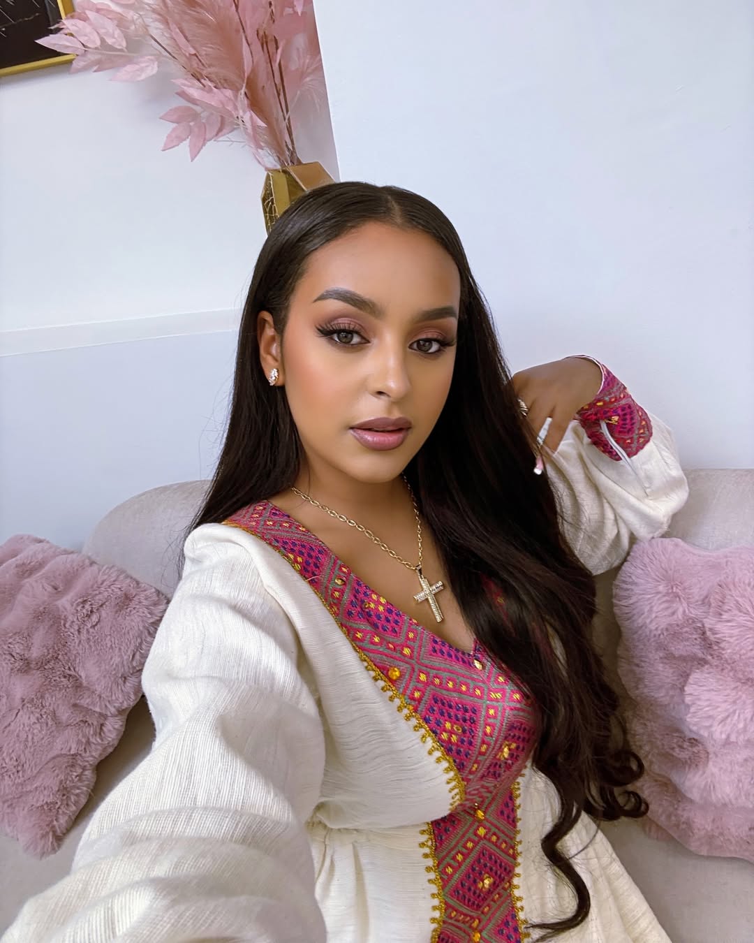 Elegant Habesha Dress with Vibrant Pink and Gold Embroidery β Habesha Kemis β Zuriya