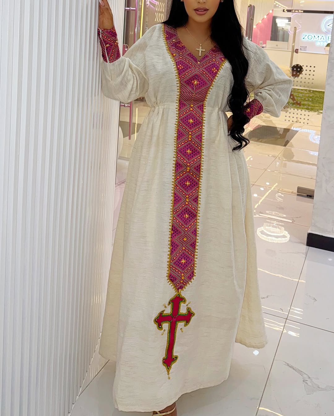 Elegant Habesha Dress with Vibrant Pink and Gold Embroidery β Habesha Kemis β Zuriya