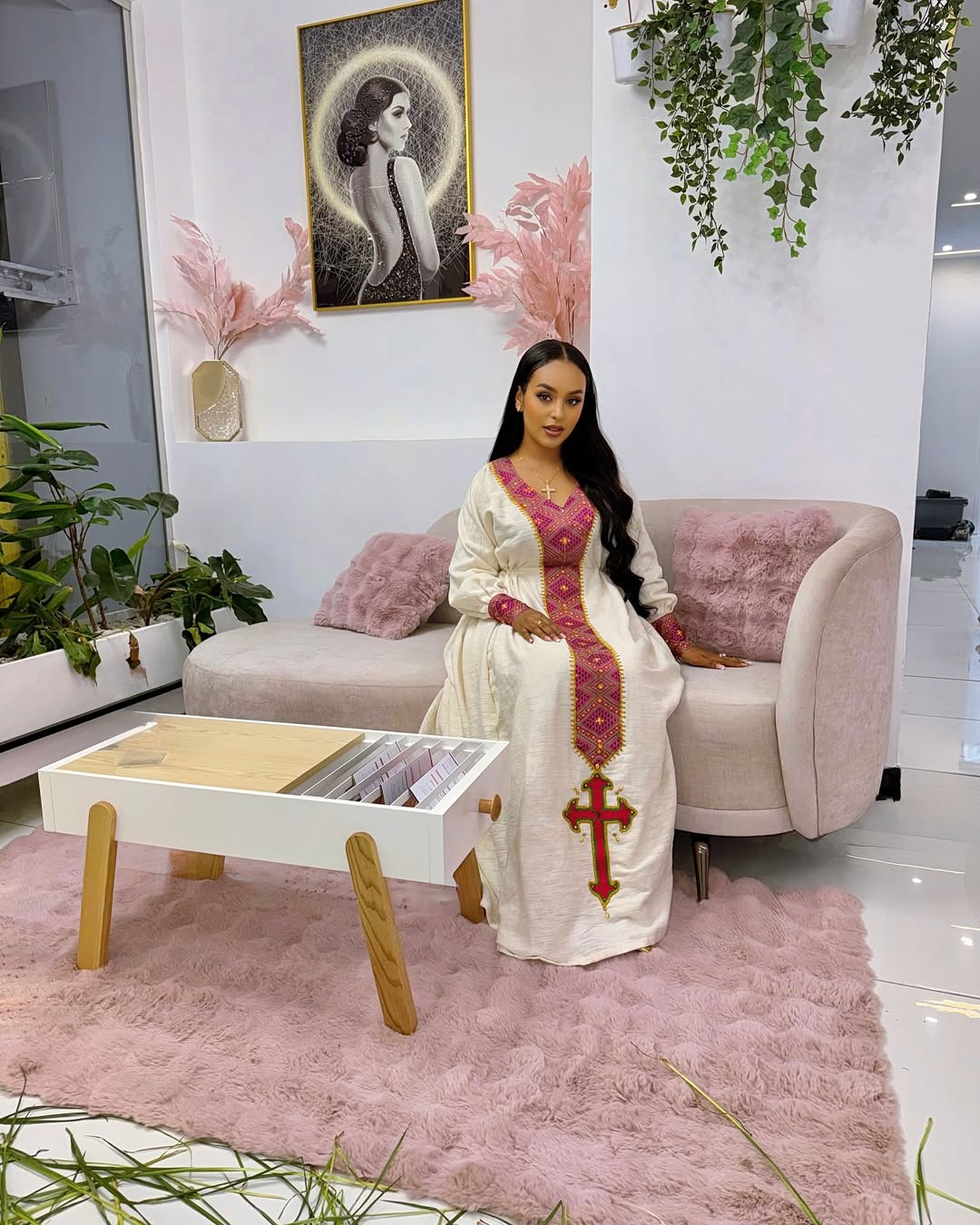 Elegant Habesha Dress with Vibrant Pink and Gold Embroidery β Habesha Kemis β Zuriya