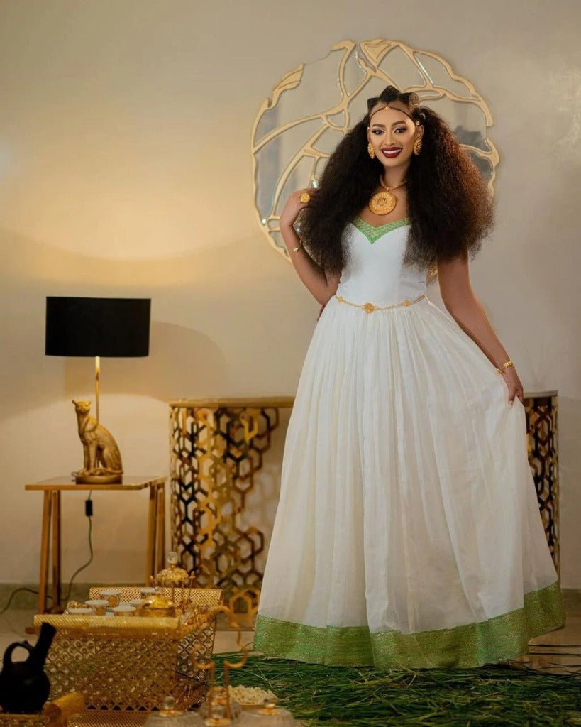 Simple Habesha Kemis with Green Accents β Traditional Ethiopian Dress β Habesha Clothing