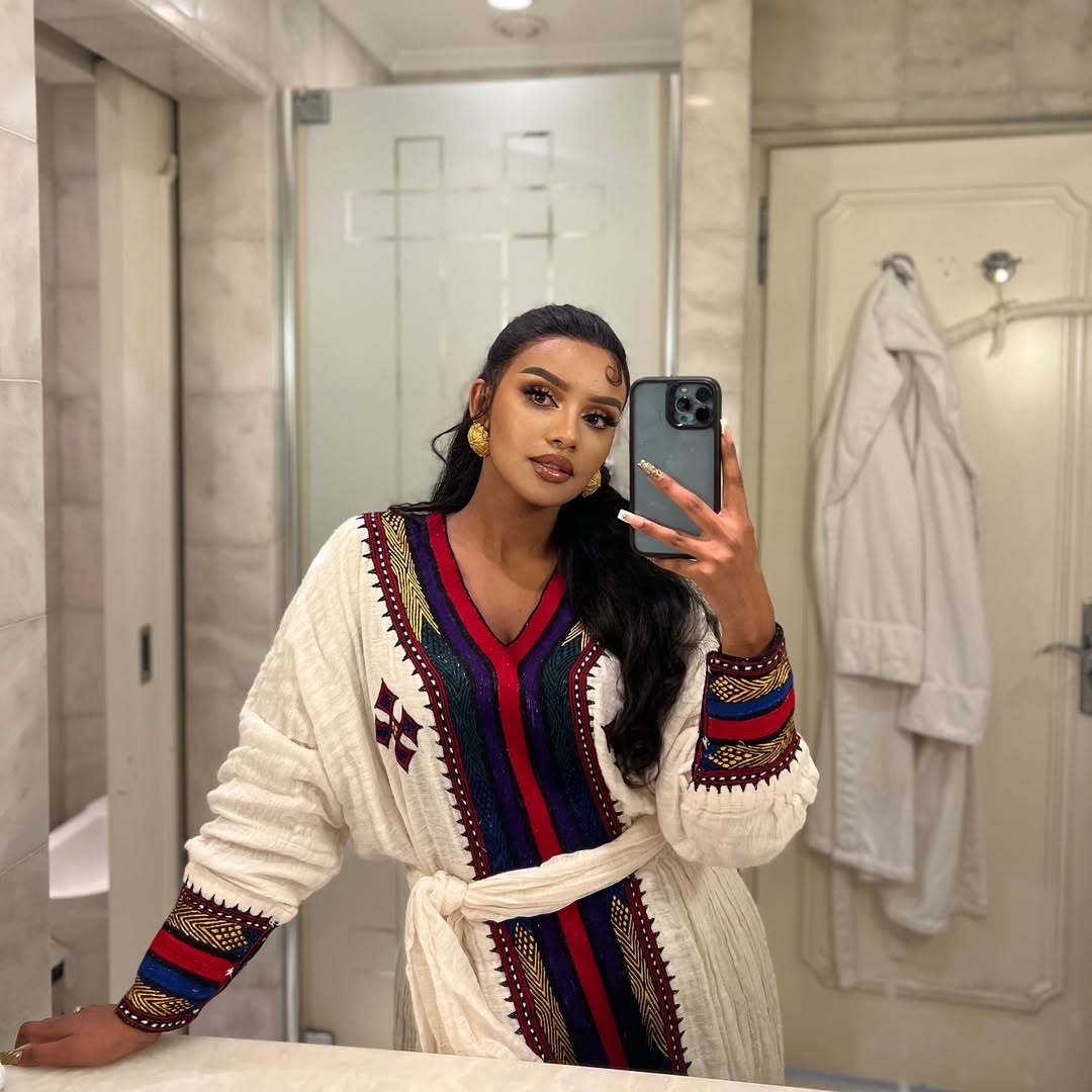 Modern Habesha Kemis Robe Dress with Tibeb Embroidery | Ethiopian Cultural Wear