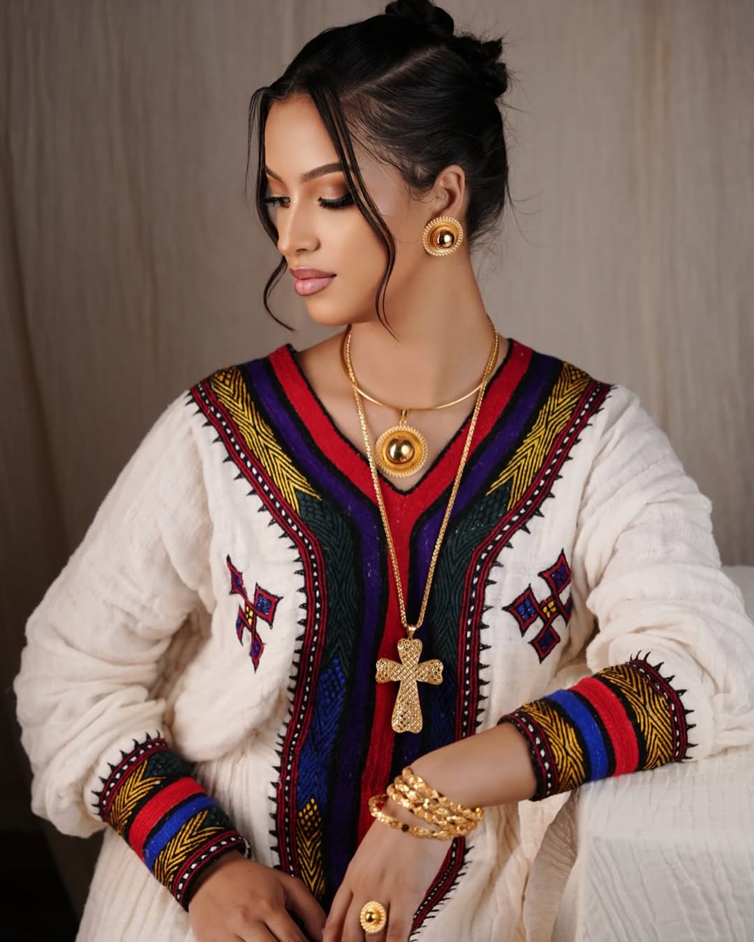 Modern Habesha Kemis Robe Dress with Tibeb Embroidery | Ethiopian Cultural Wear