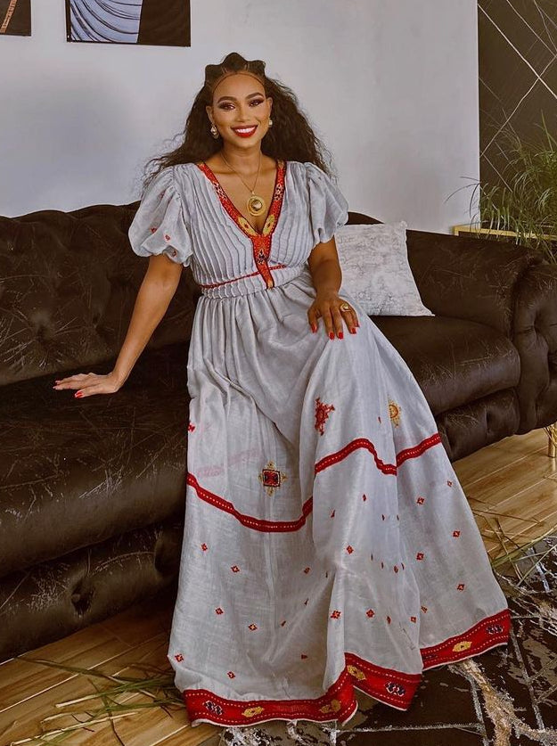 Robe habesha en coton tissé à la main, confortable et classique, avec motif rouge habesha kemis