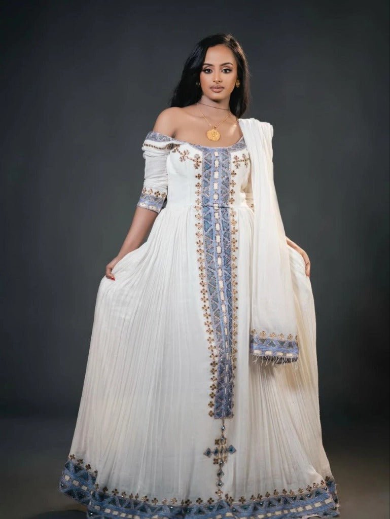 Stunning Habesha Kemis with Blue and Gold Accents – Eritrean Dress – Cultural Dress