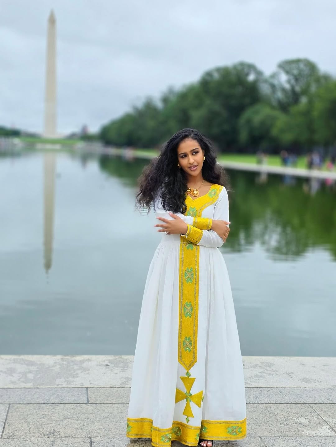 Graceful Habesha Dress with Yellow Embroidery – Habesha Kemis – Ethiopian Traditional Clothing