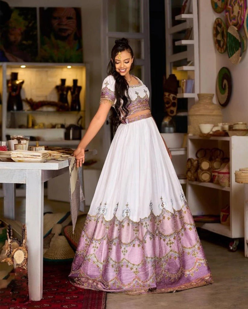 Stunning Ethiopian Traditional Wedding Dress in Lavender with Intricate Gold Detailing XL