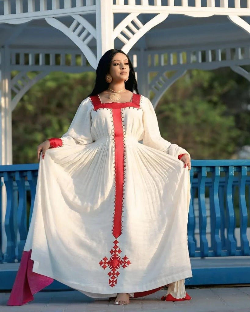Elegant Habesha Kemis with Bold Red Embroidery for Celebrations: Traditional Ethiopian Dress