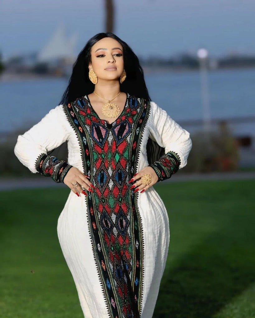 Vibrant Habesha Kemis with Geometric Embroidery for Special Occasion - Habesha Clothing - Eritrean Dress