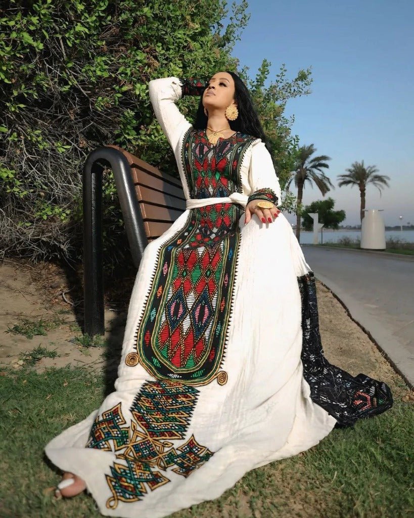 Vibrant Habesha Kemis with Geometric Embroidery for Special Occasion - Habesha Clothing - Eritrean Dress