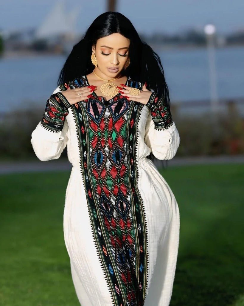 Vibrant Habesha Kemis with Geometric Embroidery for Special Occasion - Habesha Clothing - Eritrean Dress