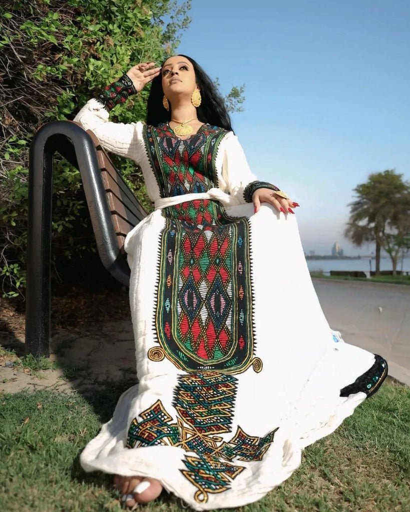 Vibrant Habesha Kemis with Geometric Embroidery for Special Occasion - Habesha Clothing - Eritrean Dress