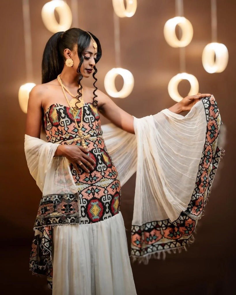 Unique Habesha Kemis with Sleeveless Design and Embroidery for Event - Modern Habesha Kemis - Ethiopian Clothing