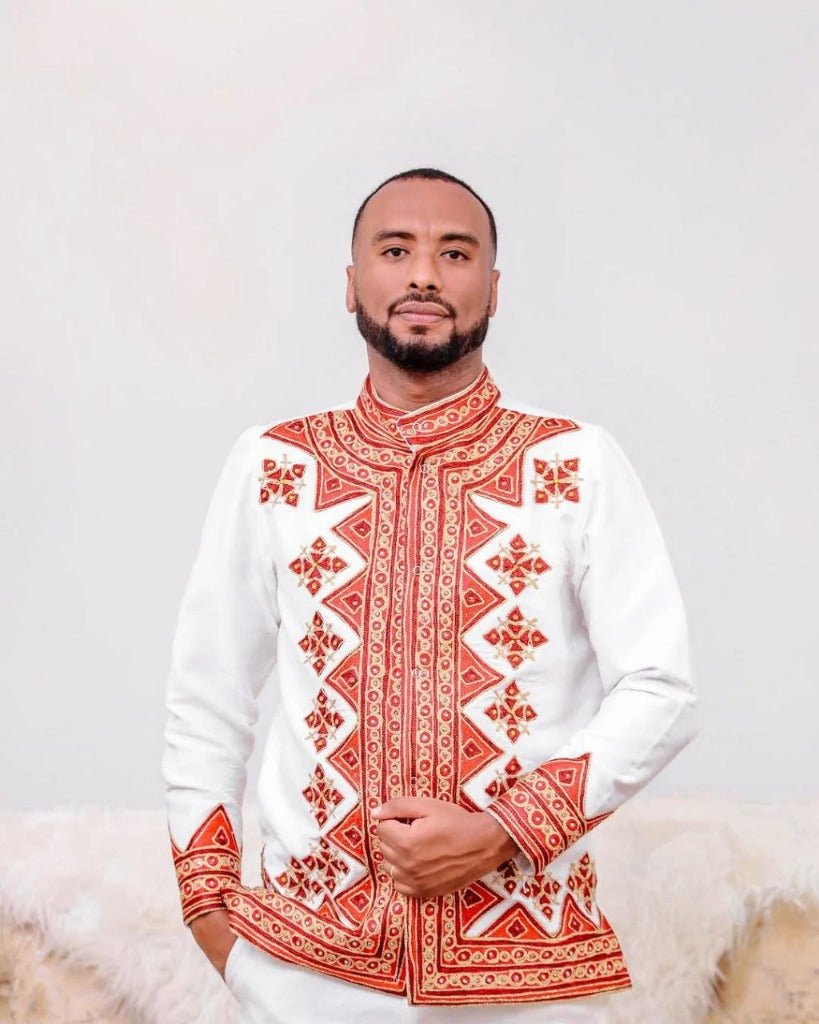 Matching Traditional Wedding Outfits with Red and Gold Accents Habesha Wedding Dress - Ethiopian Clothing
