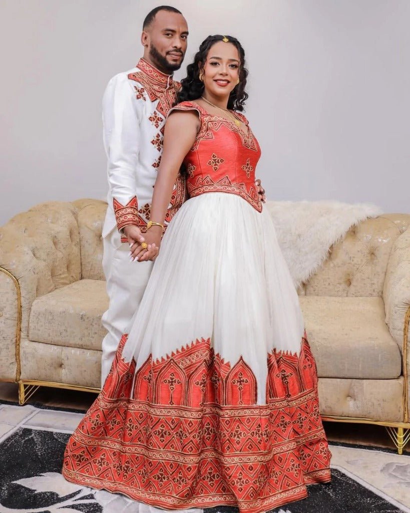 wedding dress with red accents Matching Traditional Wedding Outfits with Red and Gold Accents Habesha Wedding Dress - Ethiopian Clothing