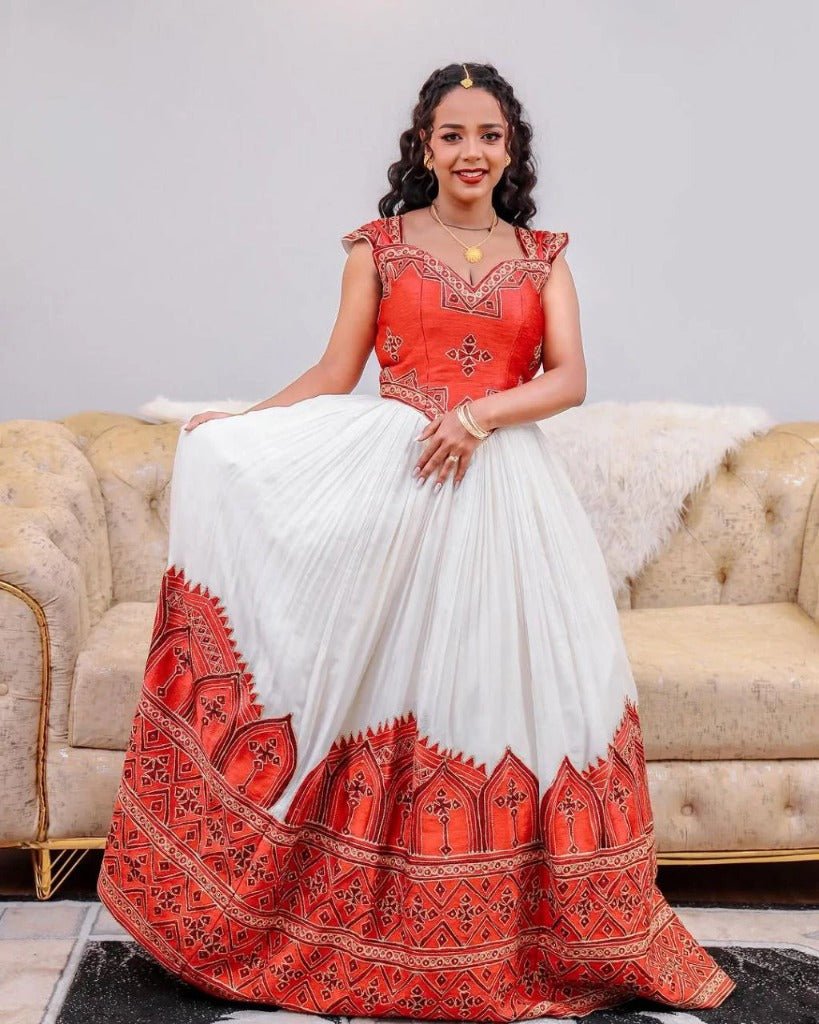 Matching Traditional Wedding Outfits with Red and Gold Accents Habesha Wedding Dress - Ethiopian Clothing