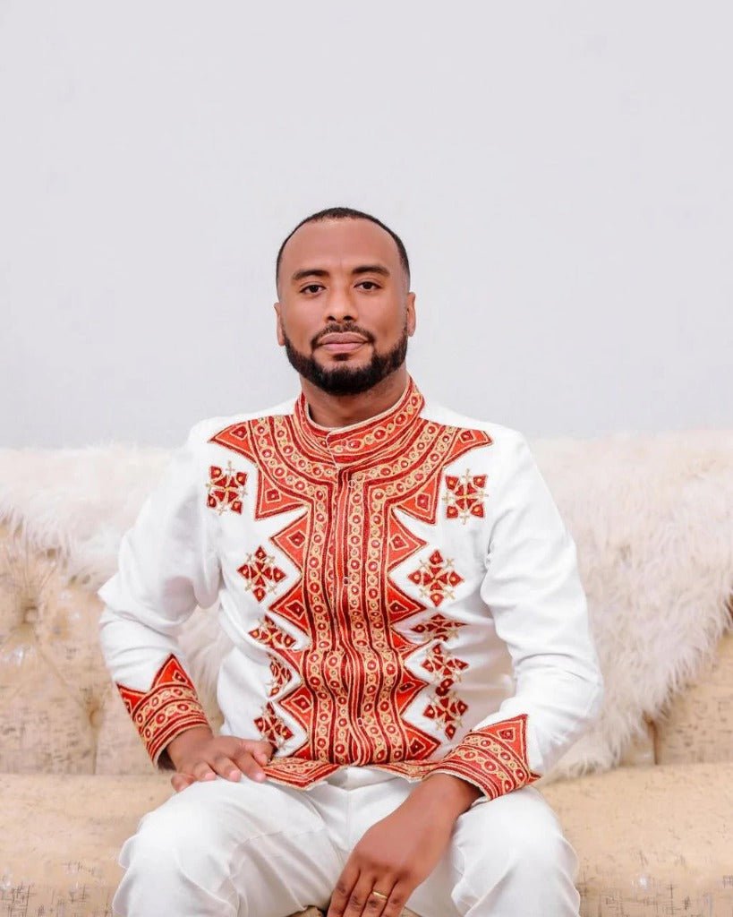 Matching Traditional Wedding Outfits with Red and Gold Accents Habesha Wedding Dress - Ethiopian Clothing