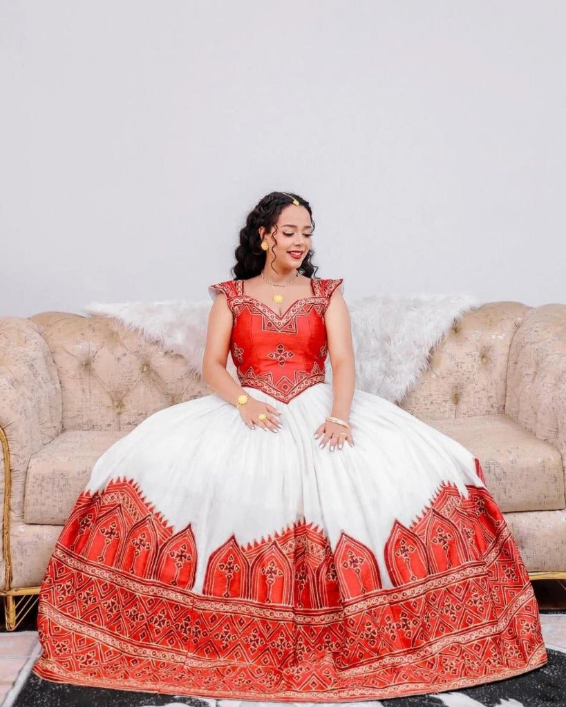 Matching Traditional Wedding Outfits with Red and Gold Accents Habesha Wedding Dress - Ethiopian Clothing