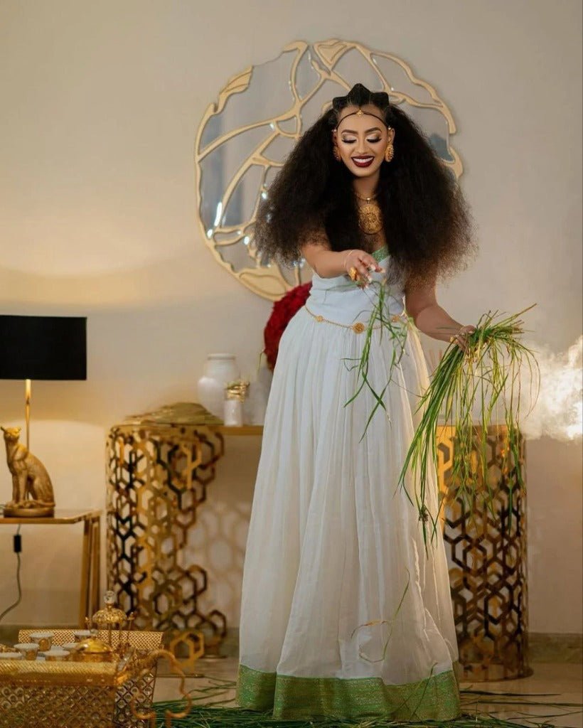 Simple Habesha Kemis with Green Accents β Traditional Ethiopian Dress β Habesha Clothing