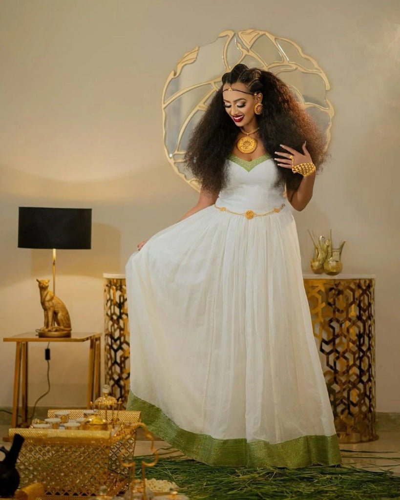 Simple Habesha Kemis with Green Accents β Traditional Ethiopian Dress β Habesha Clothing