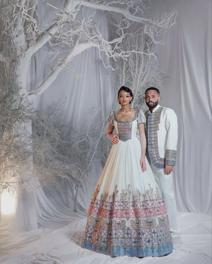 Glamorous Habesha Kemis with Pink Accents for Bride and Groom – Habesha Wedding Dress – Cultural Dress – Zuriya