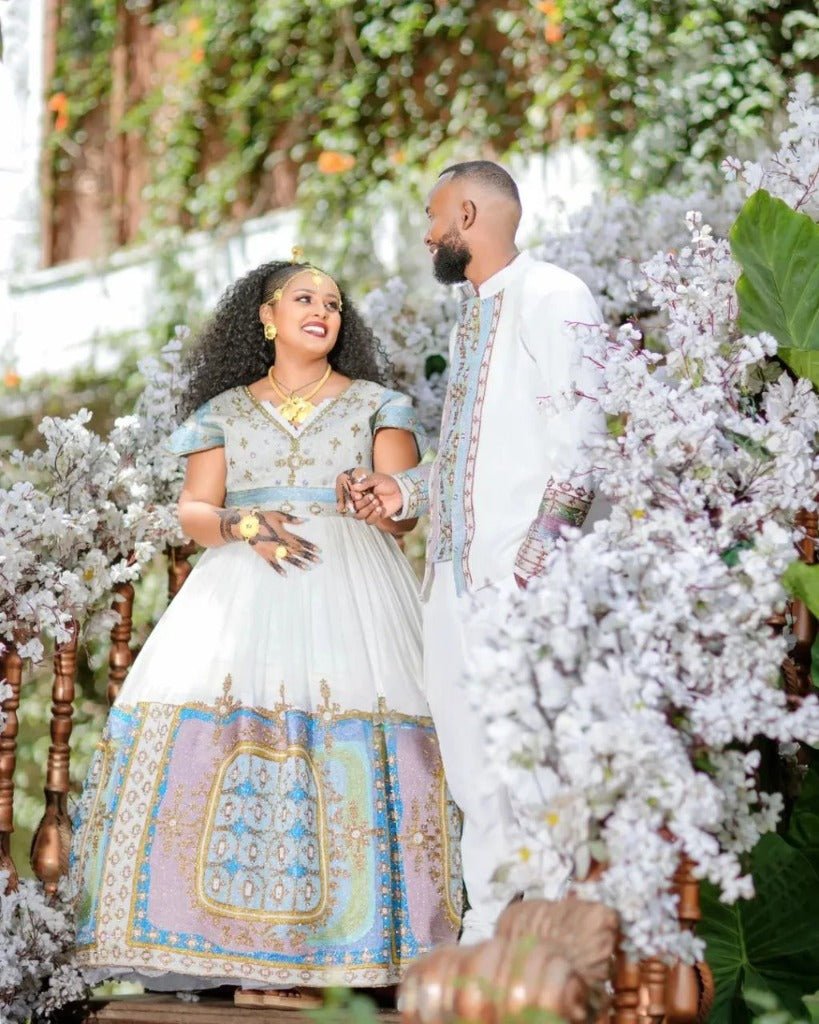 Beautiful Pastel Couples outfit β Zuriya - Habesha Kemis - Habesha Wedding Dress