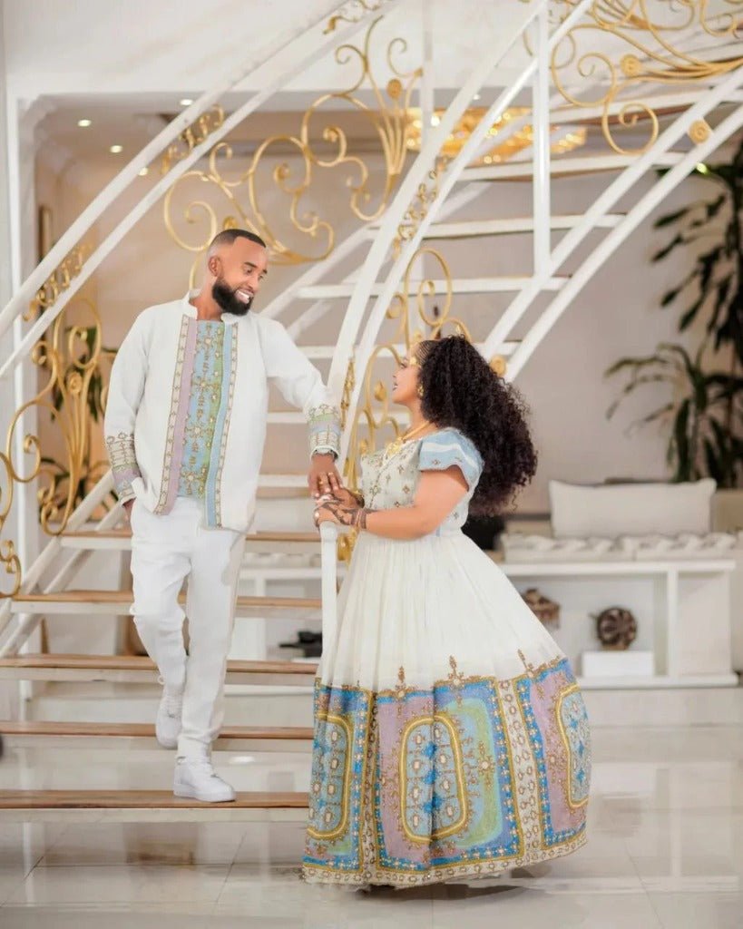 Beautiful Pastel Couples outfit β Zuriya - Habesha Kemis - Habesha Wedding Dress