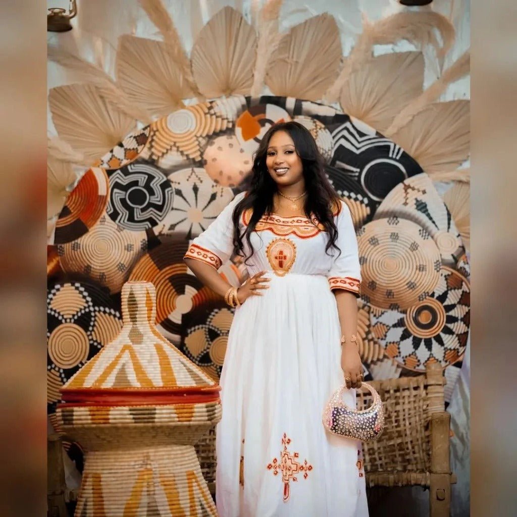Elegant Habesha Kemis with Red Accents – Habesha Dress – Eritrean Clothing – Habesha Clothing