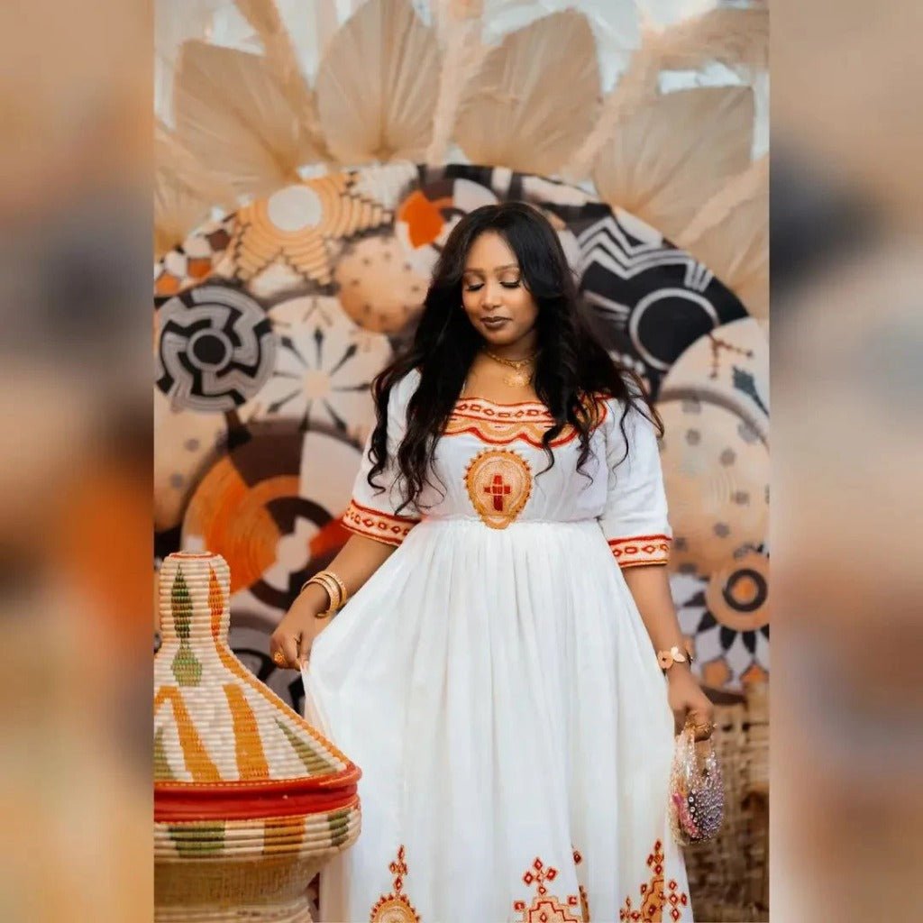 Elegant Habesha Kemis with Red Accents – Habesha Dress – Eritrean Clothing – Habesha Clothing