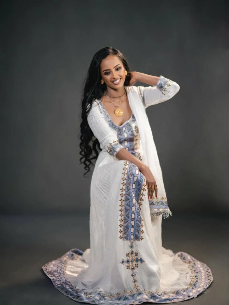Stunning Habesha Kemis with Blue and Gold Accents – Eritrean Dress – Cultural Dress