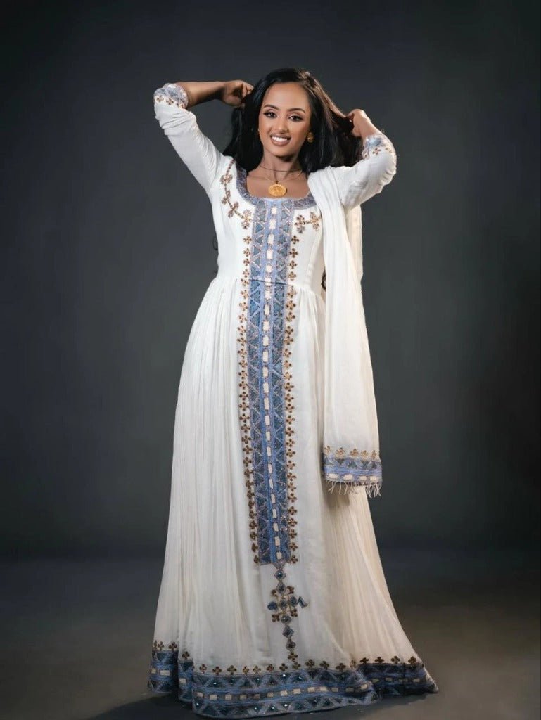 Stunning Habesha Kemis with Blue and Gold Accents – Eritrean Dress – Cultural Dress