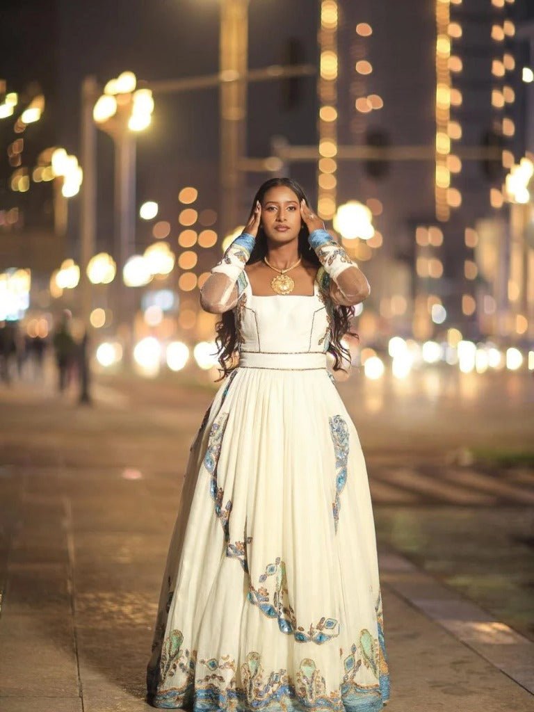 Beautiful Wedding Habesha Kemis with Blue and Gold Embroidery – Habesha Dress – Ethiopian Wedding Dress