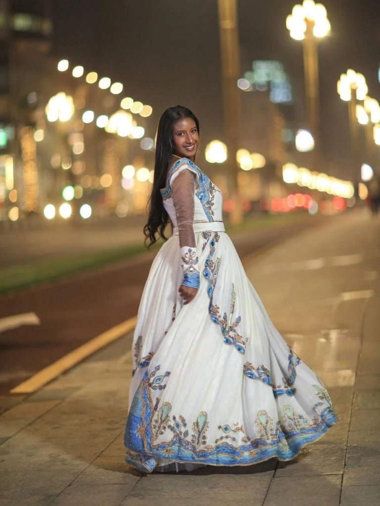Beautiful Wedding Habesha Kemis with Blue and Gold Embroidery – Habesha Dress – Ethiopian Wedding Dress