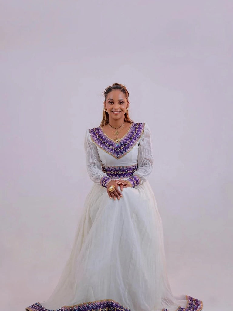 Gorgeous Habesha Kemis with Purple Embroidery – Habesha Dress – Ethiopian Traditional Clothing