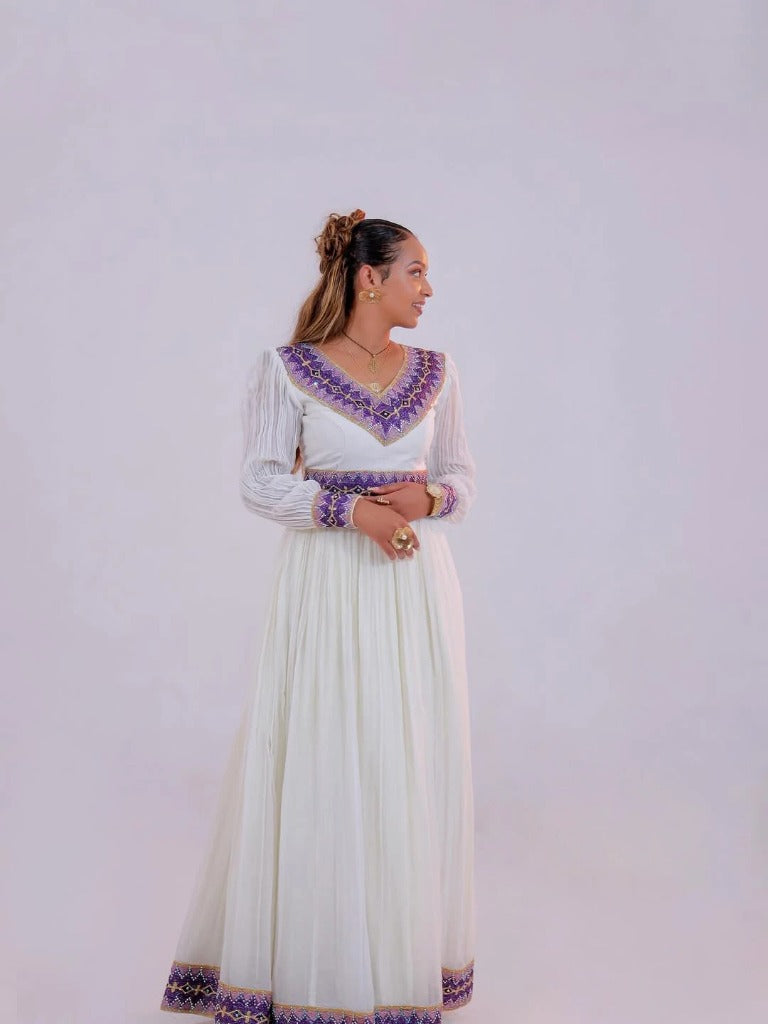 Gorgeous Habesha Kemis with Purple Embroidery – Habesha Dress – Ethiopian Traditional Clothing
