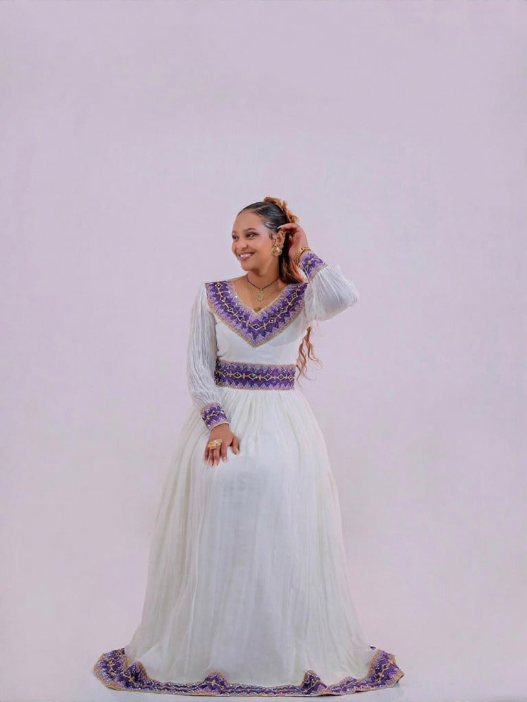 Gorgeous Habesha Kemis with Purple Embroidery – Habesha Dress – Ethiopian Traditional Clothing