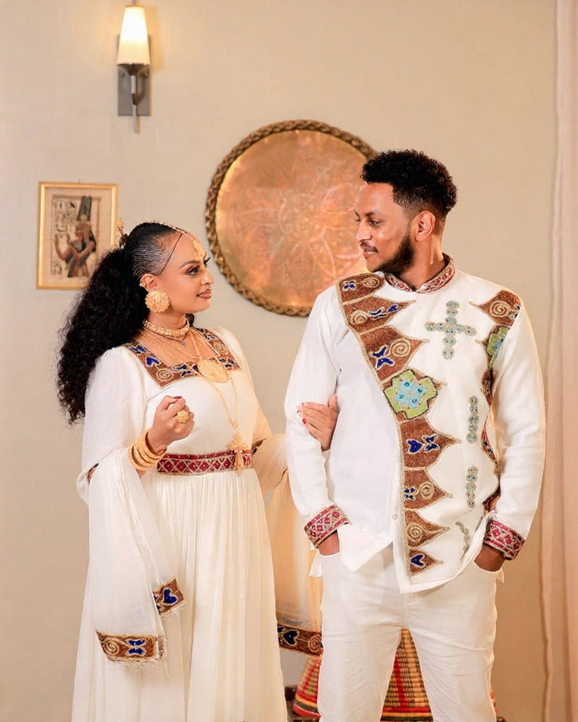 Stunning Colorful Couple's Attire with Intricate Embroidery – Ethiopian Wedding Dress – Eritrean Wedding Dress