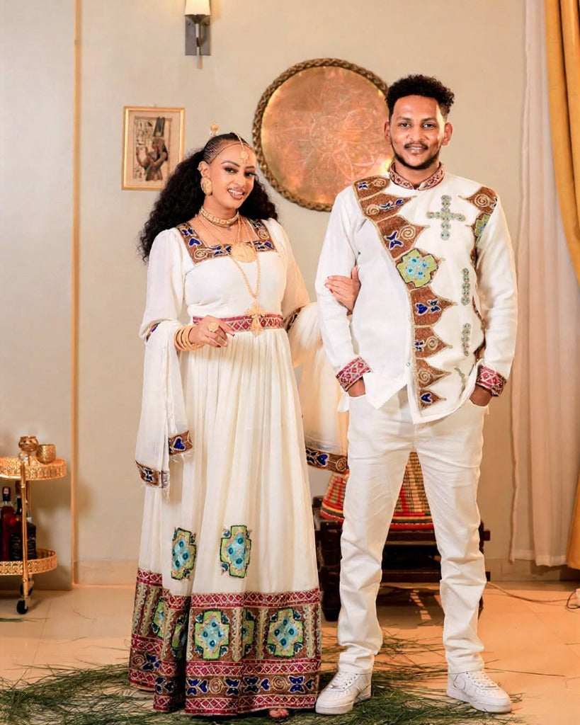 Stunning Colorful Couple's Attire with Intricate Embroidery – Ethiopian Wedding Dress – Eritrean Wedding Dress