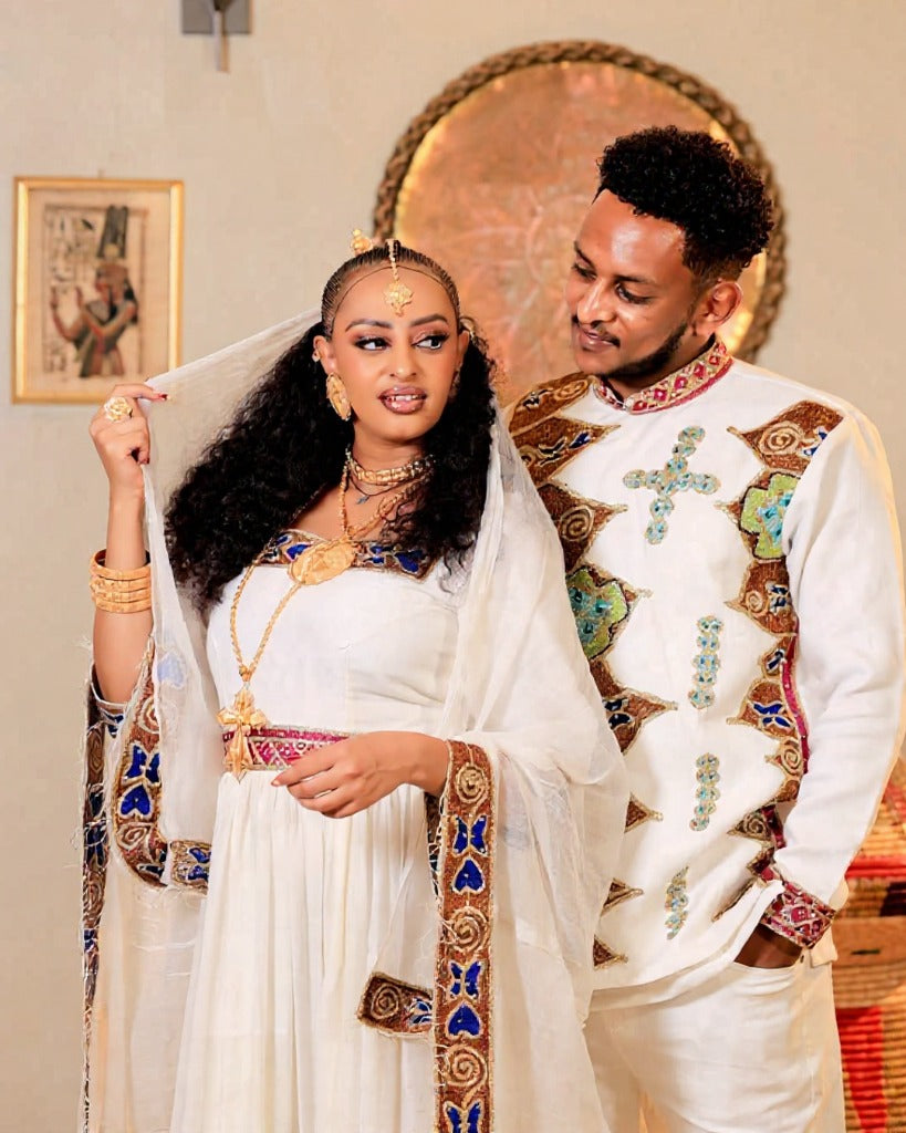 Stunning Colorful Couple's Attire with Intricate Embroidery – Ethiopian Wedding Dress – Eritrean Wedding Dress