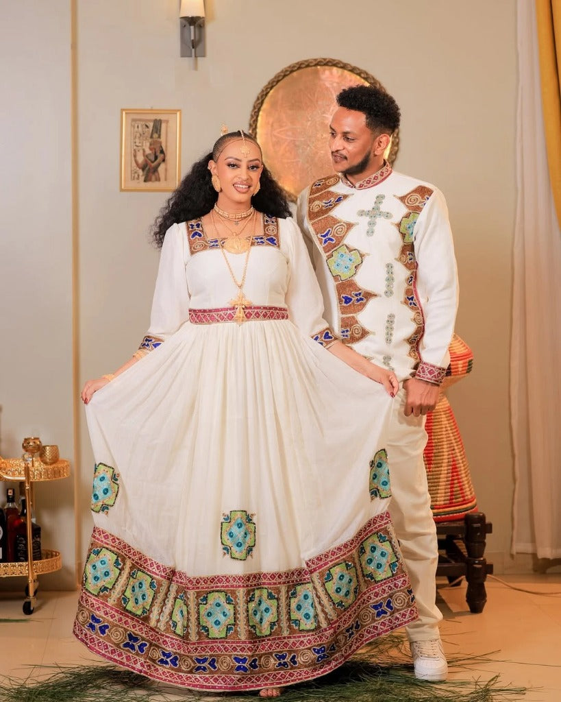 Stunning Colorful Couple's Attire with Intricate Embroidery – Ethiopian Wedding Dress – Eritrean Wedding Dress