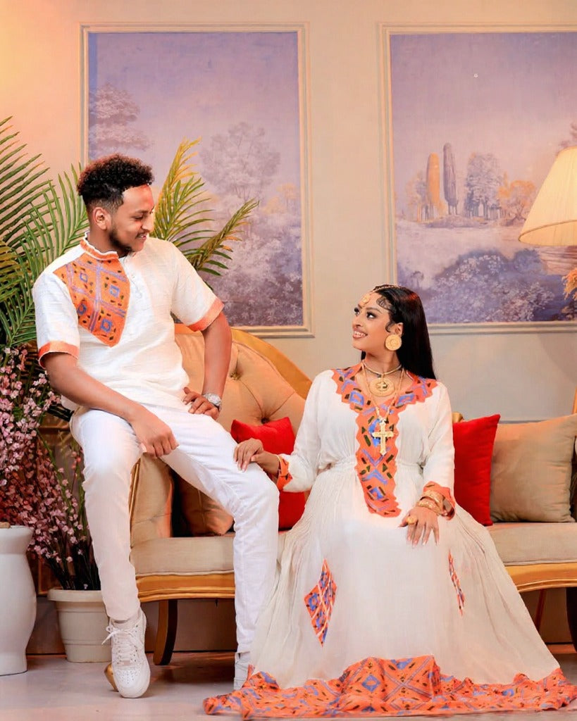 Charming Couples Outfit with Orange and Blue Embroidery for Wedding Celebration