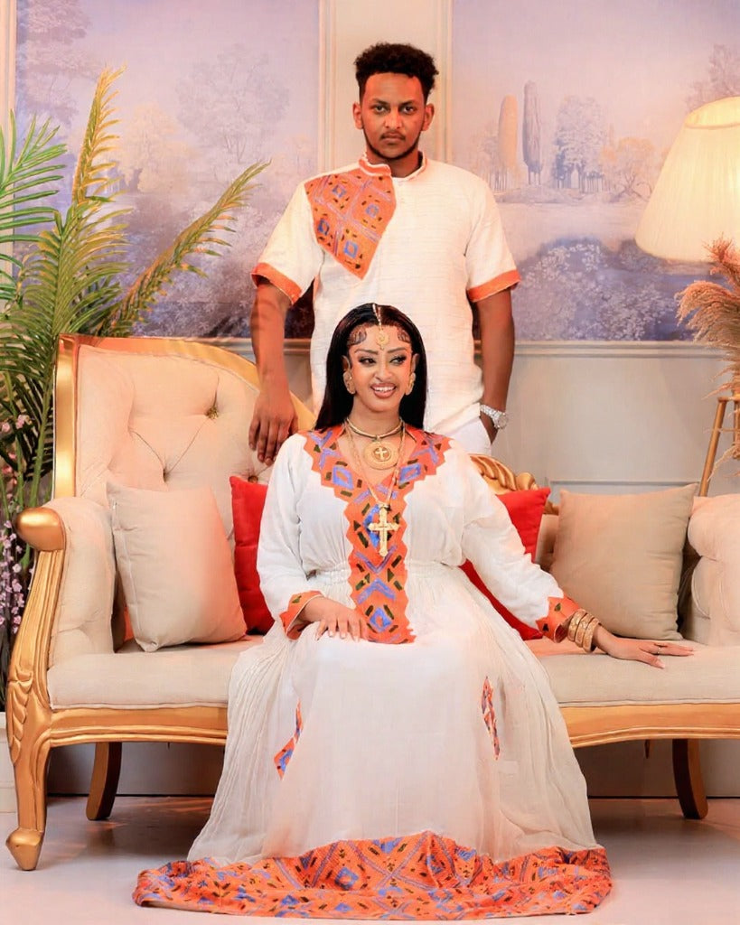 Charming Couples Outfit with Orange and Blue Embroidery for Wedding Celebration
