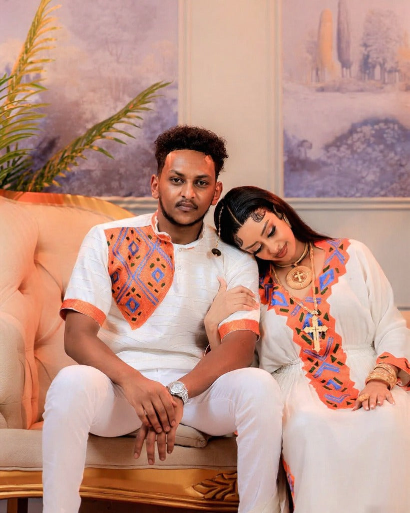 Charming Couples Outfit with Orange and Blue Embroidery for Wedding Celebration