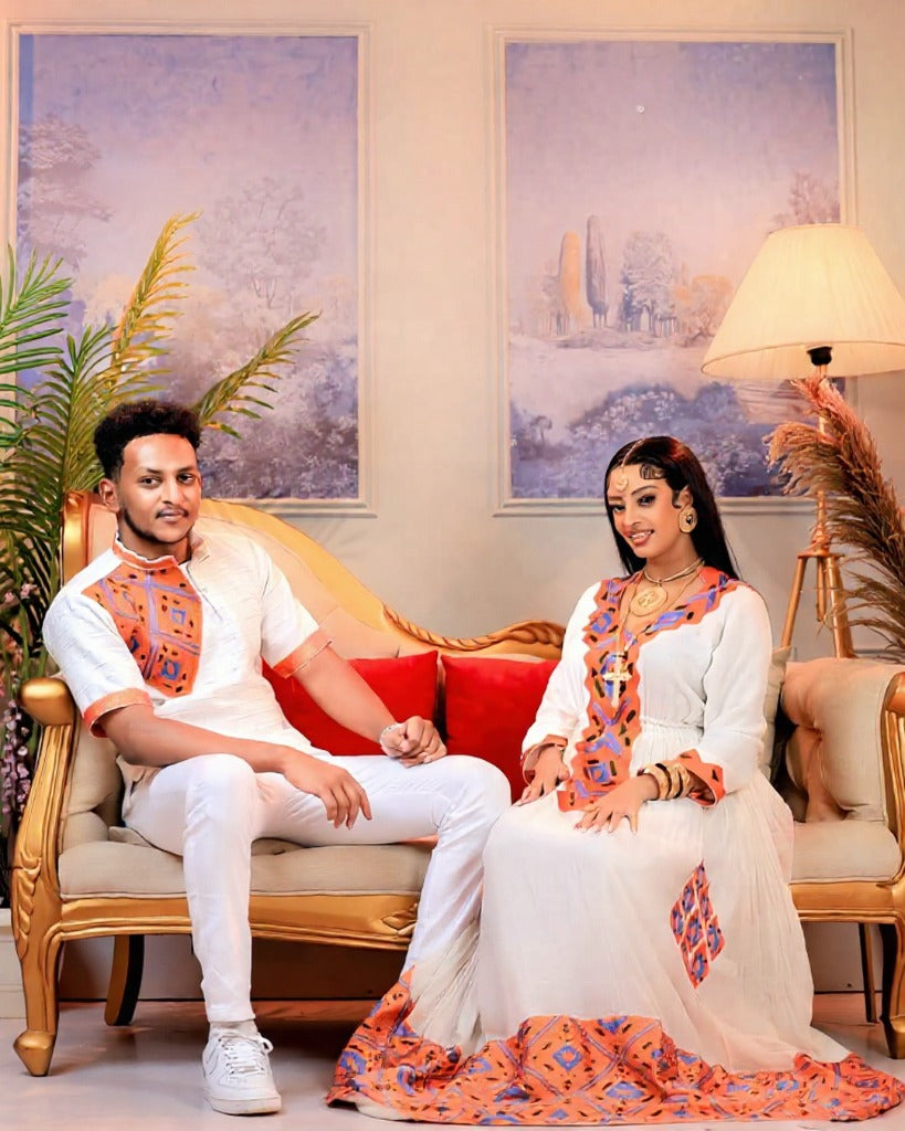 Charming Couples Outfit with Orange and Blue Embroidery for Wedding Celebration