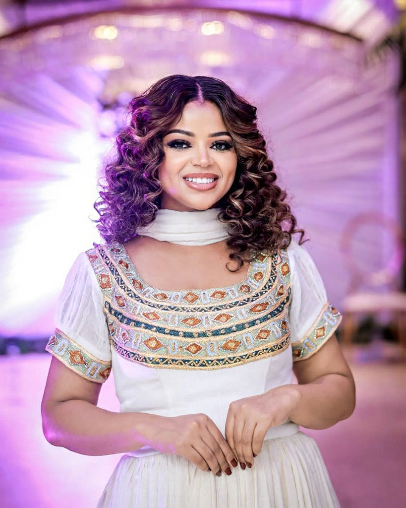 Elegant Habesha Dress with Green and Gold Embroidery – Habesha Kemis – Ethiopian Traditional Clothing