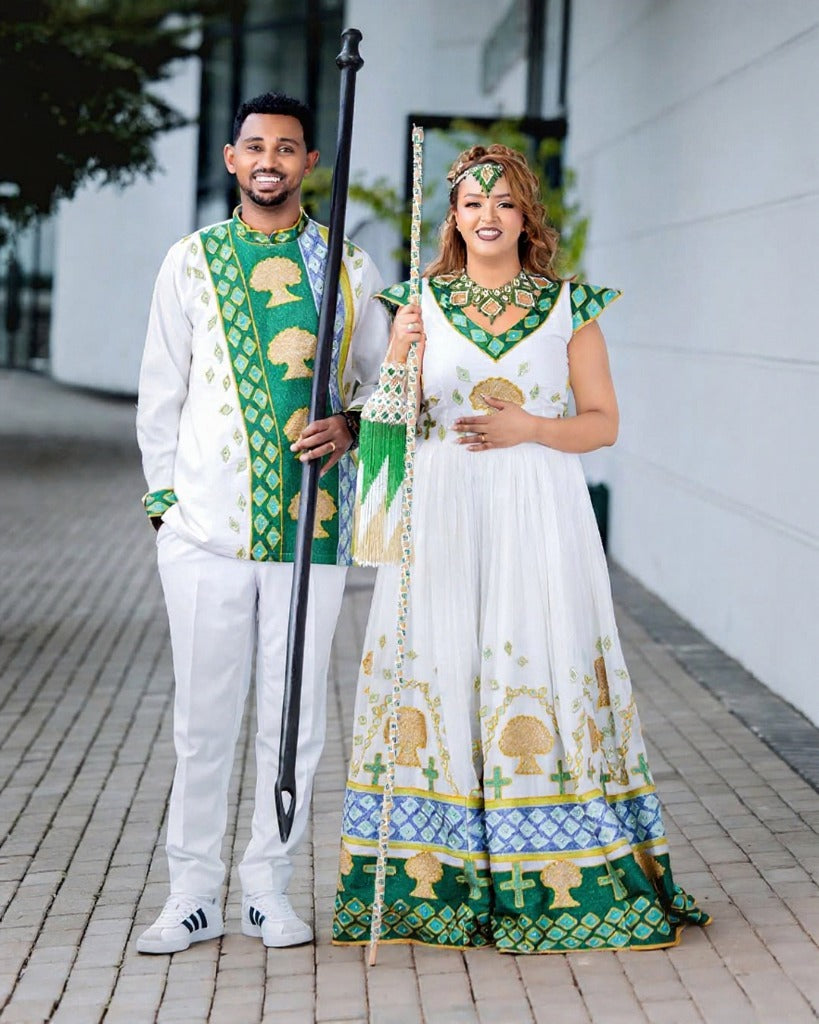 Traditional Ethiopian Couple Outfit with Green and Gold Embroidery β Ethiopian Wedding Dress β Habesha Clothing
