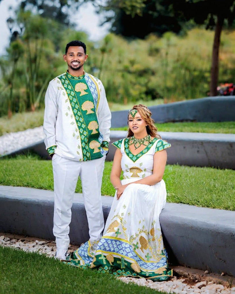 Traditional Ethiopian Couple Outfit with Green and Gold Embroidery β Ethiopian Wedding Dress β Habesha Clothing