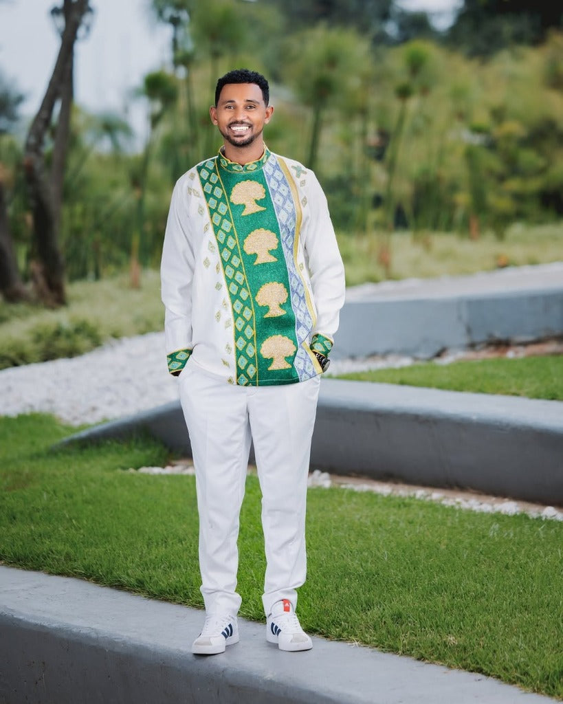 Traditional Ethiopian Couple Outfit with Green and Gold Embroidery β Ethiopian Wedding Dress β Habesha Clothing