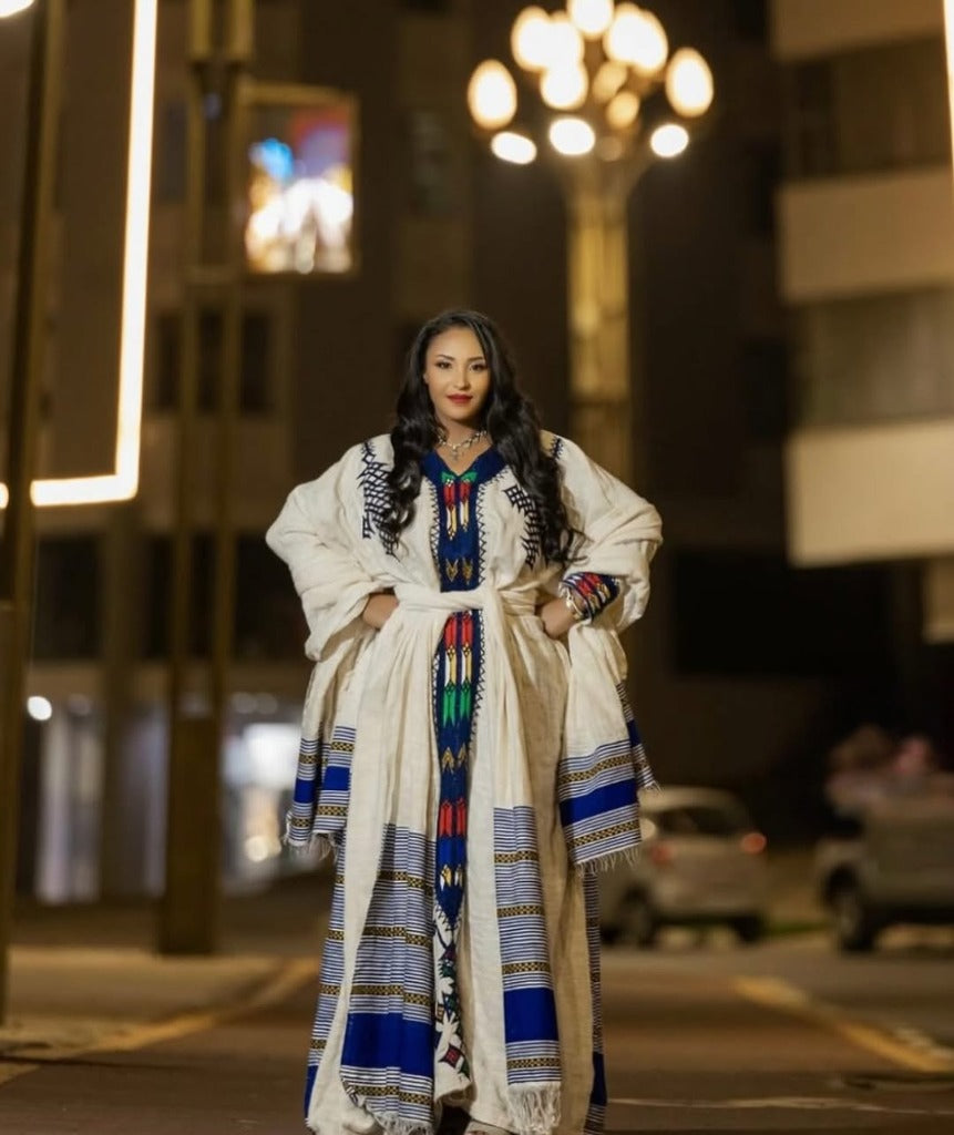 Elegant Habesha Kemis with Colorful Accents for Cultural Event